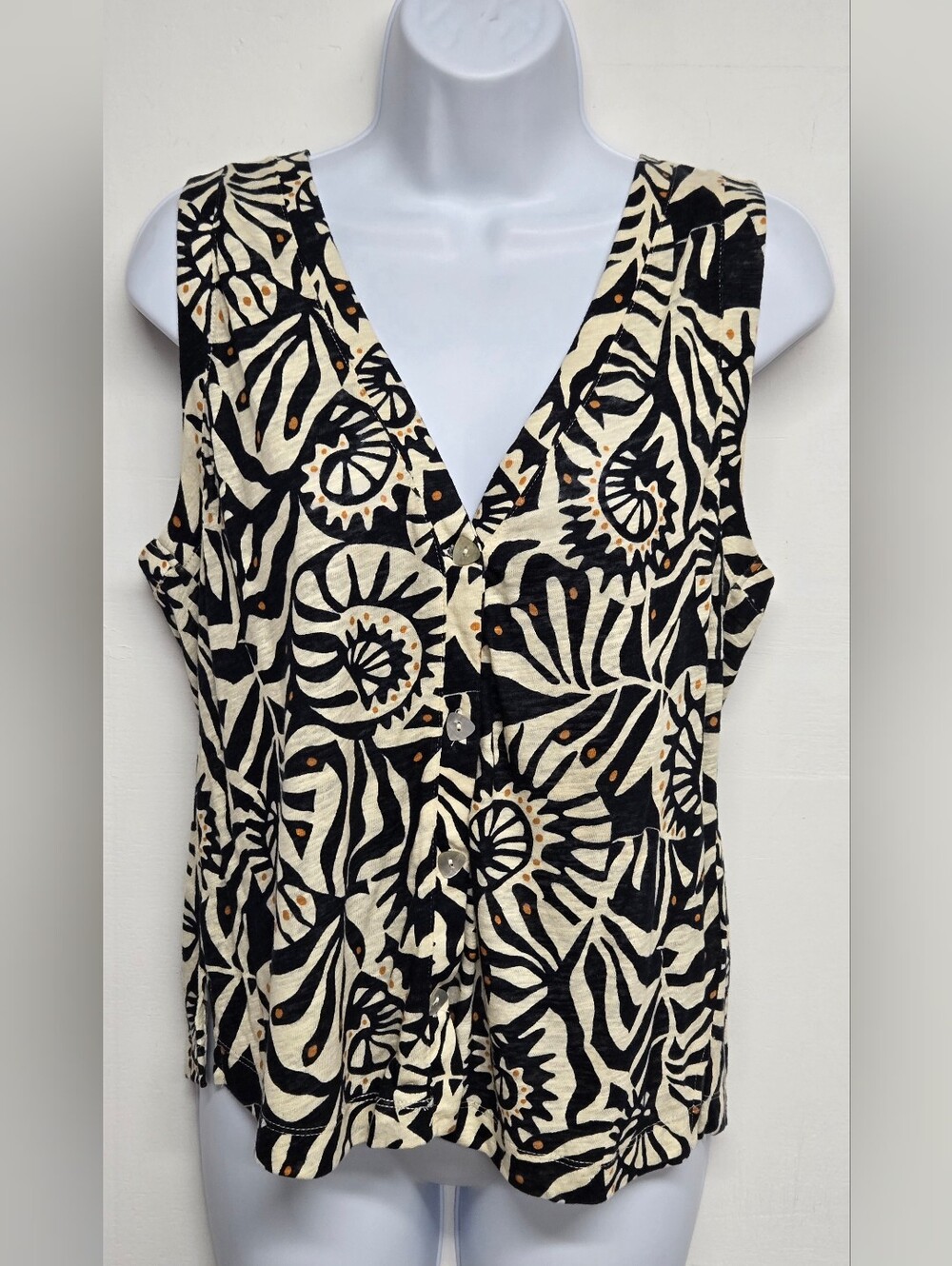 Nicole Miller M Top Linen Blend Knit V Neck Button Down Sleeveless Geometric